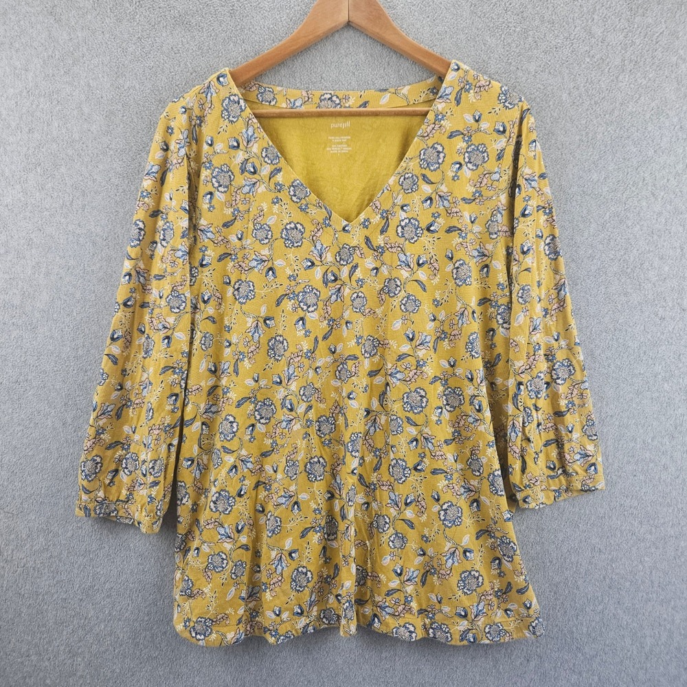 PURE JILL V-Neck Top Women L Yellow Floral Printed Cotton Modal Casual Blouse